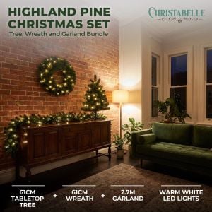Christabelle Highland Pine Christmas 3pc Set 61cm Tabletop Tree Wreath and Garland with LED Lights Holiday Decor