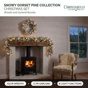 Christabelle Snowy Dorset Pine Christmas 2pc Set 61cm Christmas Wreath and Garland with LED Lights Holiday Decor