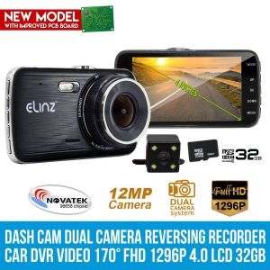 Elinz 4.0in Lcd Dash Cam Dual Camera Reversing Car 1296p Fhd