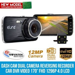 Elinz 4.0in Lcd Car Dash Cam Dual Camera Reversing 1296p Fhd Dvr