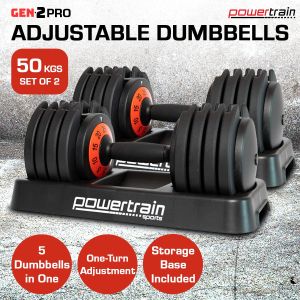 2x 25kg Powertrain GEN2 Pro Adjustable Dumbbells Homegym Weights