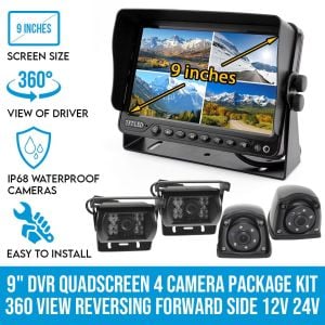 Quadscreen 9 inch DVR 4 Camera Package Kit 360d View 12V 24V 800TVL