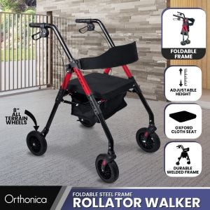 Orthonica Foldable Steel Mobility Rollator Walker - Red