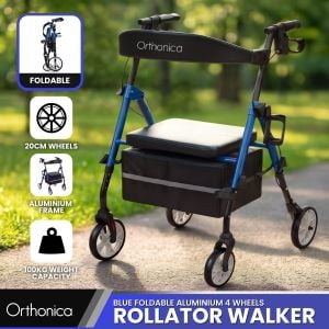 Orthonica Foldable Aluminium Rollator Walker with Seat 100kg Capacity 8in Wheels Basket Cup Holder Storage Bag - Blue