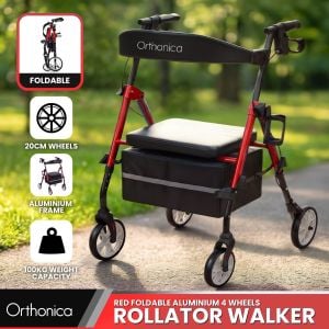 Orthonica Foldable Aluminium Rollator Walker with Seat 100kg Capacity 8in Wheels Basket Cup Holder Storage Bag - Red