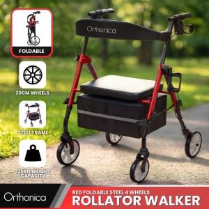 Orthonica Foldable Steel Rollator Walker with Seat 136kg Capacity 8in Wheels Basket Cup Holder Storage Bag - Red