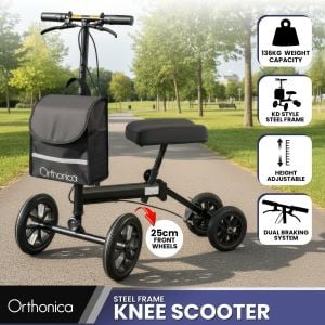 Orthonica Foldable Steerable Knee Walker Scooter with Adjustable Pad, Dual Brakes, Storage Bag & 136kg Capacity