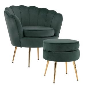 Armchair Velvet Shell Scallop + Ottoman Foot Stool - Green