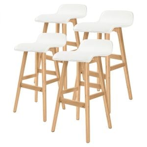 4x Oak Wood Bar Stool 74cm Leather SOPHIA - WHITE