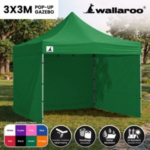 Wallaroo 3x3m Pop Up Gazebo Marquee Outdoor Canopy Tent with 5 Walls Sandbags & Carry Bag Folding Sun Shade Green