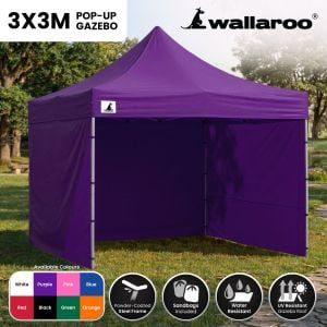 Wallaroo 3x3m Pop Up Gazebo Marquee Outdoor Canopy Folding Shade Tent with 5 Walls, Sandbags & Carry Bag - Purple
