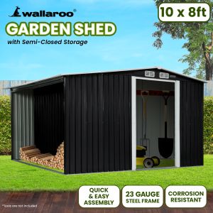 Wallaroo Garden Shed with Semi-Closed Storage 10x8FT - Black