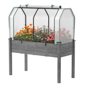 Wood Raised Garden Bed With Greenhouse Cover For Plants