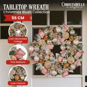 Christabelle 56cm Christmas Wreath Lush Pink Front Door Decoration Jewelled Baubles Flowers Pine Cones Ribbons