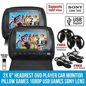 2x 9in Headrest DVD Player Car Monitor 1080p Usb Sony Lens Black