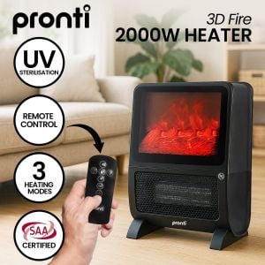 Pronti Electric Heater 3D Fire Flame Effect Remote Control - 2000W