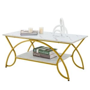 100cm 2-tier Coffee Table With Faux Mable Top & Steel Legs