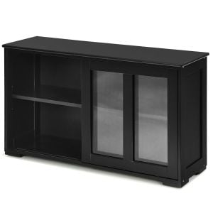Kitchen Storage Sideboard With Glass Cabinets Adjustable Shelf - Black
