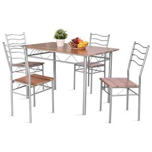 5pc Dining Table Set Rectangular Tabletop High Backrest Chairs Silver