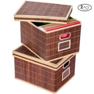 2x Folding Bamboo Storage Boxes With Removable Lids & Handles Coffee