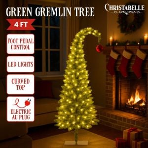Christabelle 1.2m 4ft Gremlin Christmas Tree Pre Lit Green White LED Curved Top Red Bauble Artificial Indoor Xmas Decor