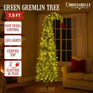 Christabelle 2.3m 7.5ft Pre-Lit Gremlin Curved Christmas Tree Green White LED Lights Red Baubles Indoor Xmas Decor