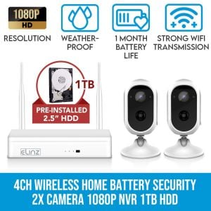 Elinz 4ch Wireless Wire-free Home Battery Security 1080p Hd Wifi