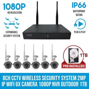 Elinz 8ch Cctv Wireless Security System 2mp Ip Wifi 6x Camera 1080p