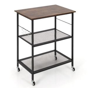 3 Tier Kitchen Serving Rolling Carts w/ 2 Shelves & 5 Hanging Hooks