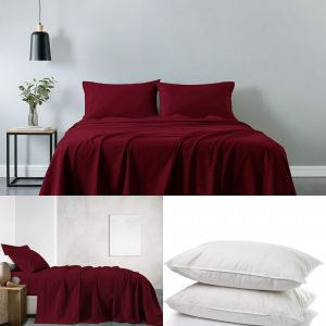100% Cotton Sheet & 2 Duck Feather Down Pillows Set -Single- Mulled Wine