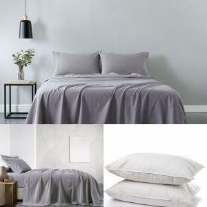 100% Cotton Sheet And 2 Duck Feather Down Pillows Set Double - Grey