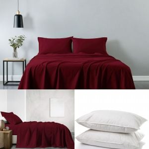 100% Cotton Sheet & 2 Duck Feather Down Pillow Set - King- Mulled Wine