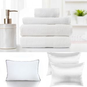 Silk Pillowcase And Pillow And 4 Piece Towel Set Bundle - White