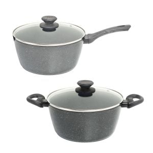 2 Pc Set 24cm Casserole Pan + 20cm Saucepan Set Lid Grey Handle