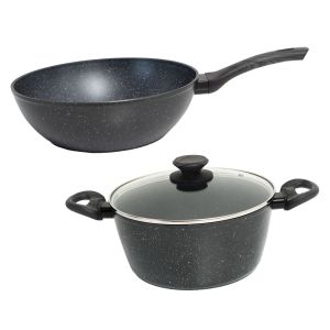 2 Piece Set Wok Pan 30cm Casserole 24cm Cookware Grey Handle