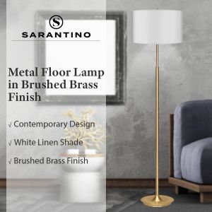Sarantino Metal Floor Lamp in Brushed Brass Finish White Linen Shade