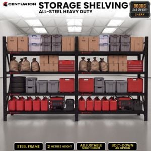 Centurion 2 Bay Heavy Duty All Steel Garage Shelving Unit 800kg Black Warehouse Workshop Storage Rack 2m