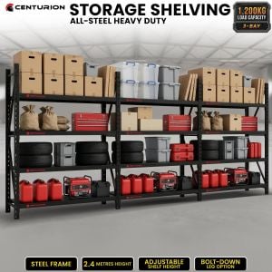 Centurion 3 Bay Heavy Duty All Steel Garage Shelving Unit 1200kg Black Warehouse Workshop Storage Rack 2.4m
