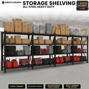 Centurion 4 Bay Heavy Duty All Steel Garage Shelving Unit 1600kg Black Warehouse Workshop Storage Rack 2m