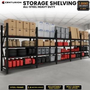 Centurion 5 Bay Heavy Duty All Steel Garage Shelving Unit 2000kg Black Warehouse Workshop Storage Rack 2.4m