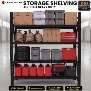Centurion 1 Bay Heavy Duty All Steel Garage Shelving Unit 400kg Black Warehouse Workshop Storage Rack 2m