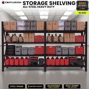 Centurion 2 Bay Heavy Duty All Steel Garage Shelving Unit 800kg 3m Wide Black Warehouse Workshop Storage Rack 2m