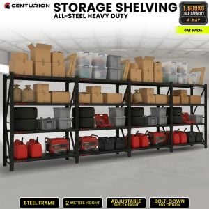 Centurion 4 Bay Heavy Duty All Steel Garage Shelving Unit 1600kg 6m Wide Black Warehouse Workshop Storage Rack 2m