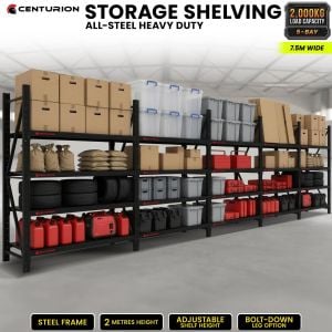Centurion 5 Bay Heavy Duty All Steel Garage Shelving Unit 2000kg 7.5m Wide Black Warehouse Workshop Storage Rack 2m