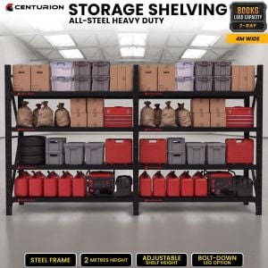 Centurion 2 Bay Heavy Duty All Steel Garage Shelving Unit 800kg 4m Wide Black Warehouse Workshop Storage Rack 2m