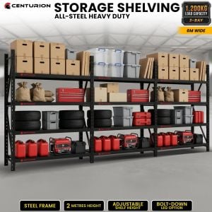 Centurion 3 Bay Heavy Duty All Steel Garage Shelving Unit 1200kg 6m Wide Black Warehouse Workshop Storage Rack 2m
