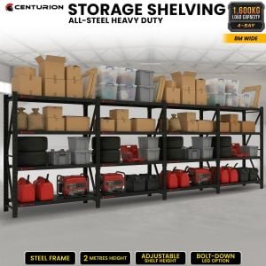 Centurion 4 Bay Heavy Duty All Steel Garage Shelving Unit 1600kg 8m Wide Black Warehouse Workshop Storage Rack 2m