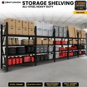 Centurion 5 Bay Heavy Duty All Steel Garage Shelving Unit 2000kg 10m Wide Black Warehouse Workshop Storage Rack 2m