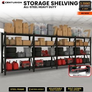 Centurion 4 Bay Heavy Duty All Steel Garage Shelving Unit 3200kg 4m Wide 60cm Shelf Black Warehouse Storage Rack 2m