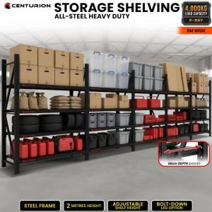 Centurion 5 Bay Heavy Duty All Steel Garage Shelving Unit 4000kg 5m Wide 60cm Shelf Black Warehouse Storage Rack 2m